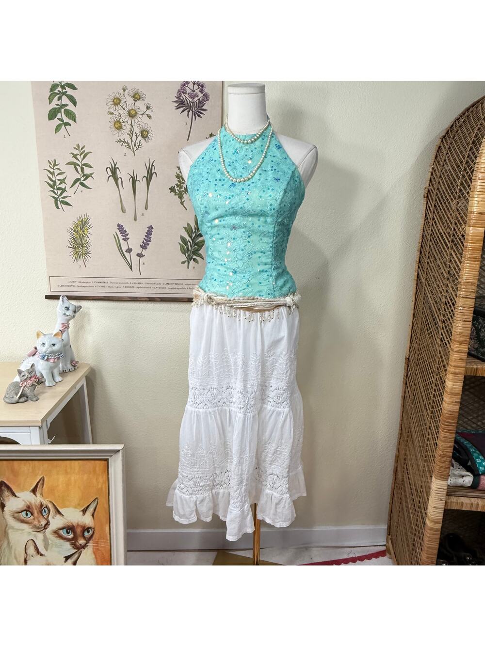 Y2k Lace Up Corset Back Sequin Embroidered Halter Top Mermaid Fairy Ethereal XS